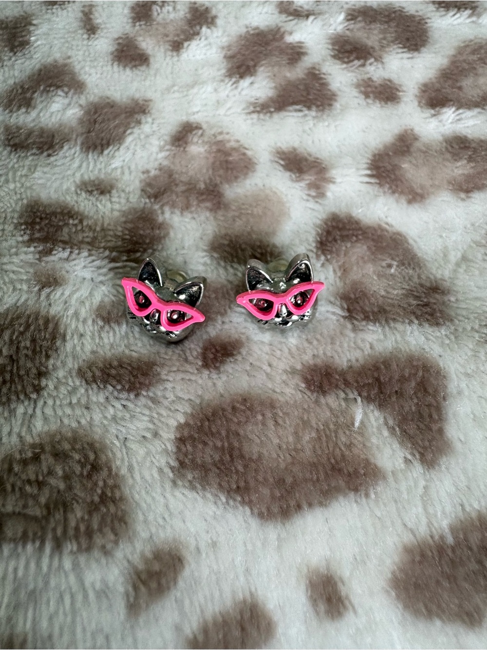 Silver Cat Earrings with Pink Glasses Detail